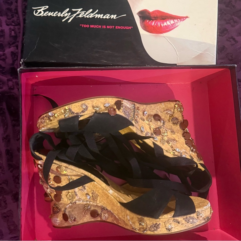 Beverly Feldman “Hoochie” Wedge Heels w/Ribbon Style Ankle Strap, EUC W 11